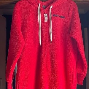 Cozy Fuzzy Red Holiday one piece zip up PJs / Union suit from Aeropostale Aerie.